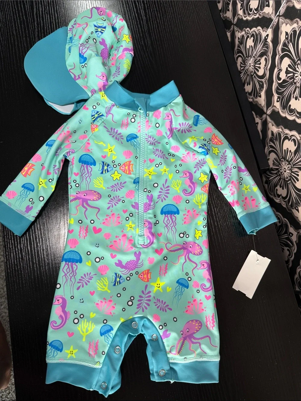 Kids Mint Ocean Print Rash Guard Swimsuit with Cap - Brand Unspecified